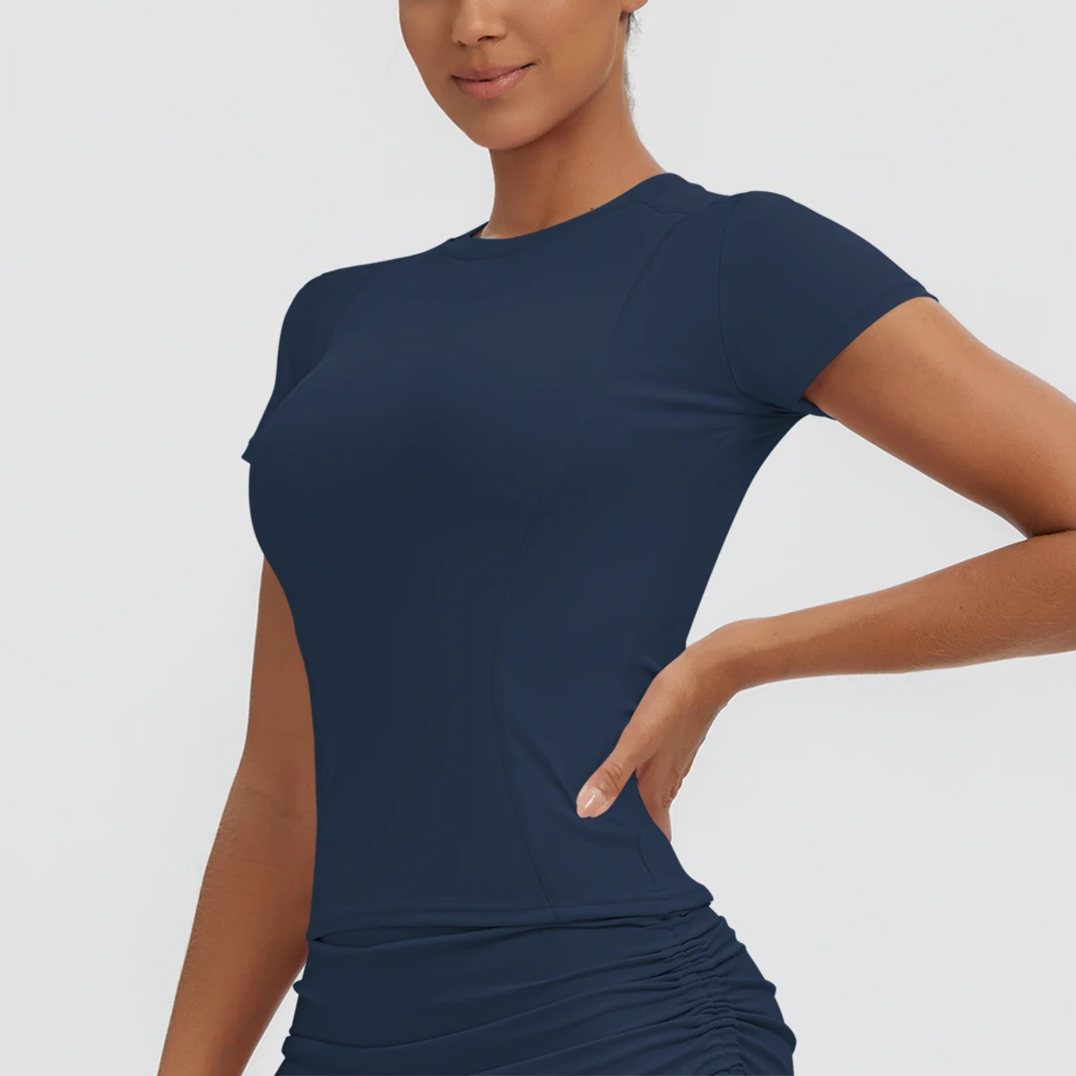 Neues Damen Sommer Yoga Kurzarm T-Shirt Lauf- und Radsport Einfarbiges Schnelltrocknendes Workout-Oberteil Enganliegend Atmungsaktive Yoga-Kleidung – Detail 36