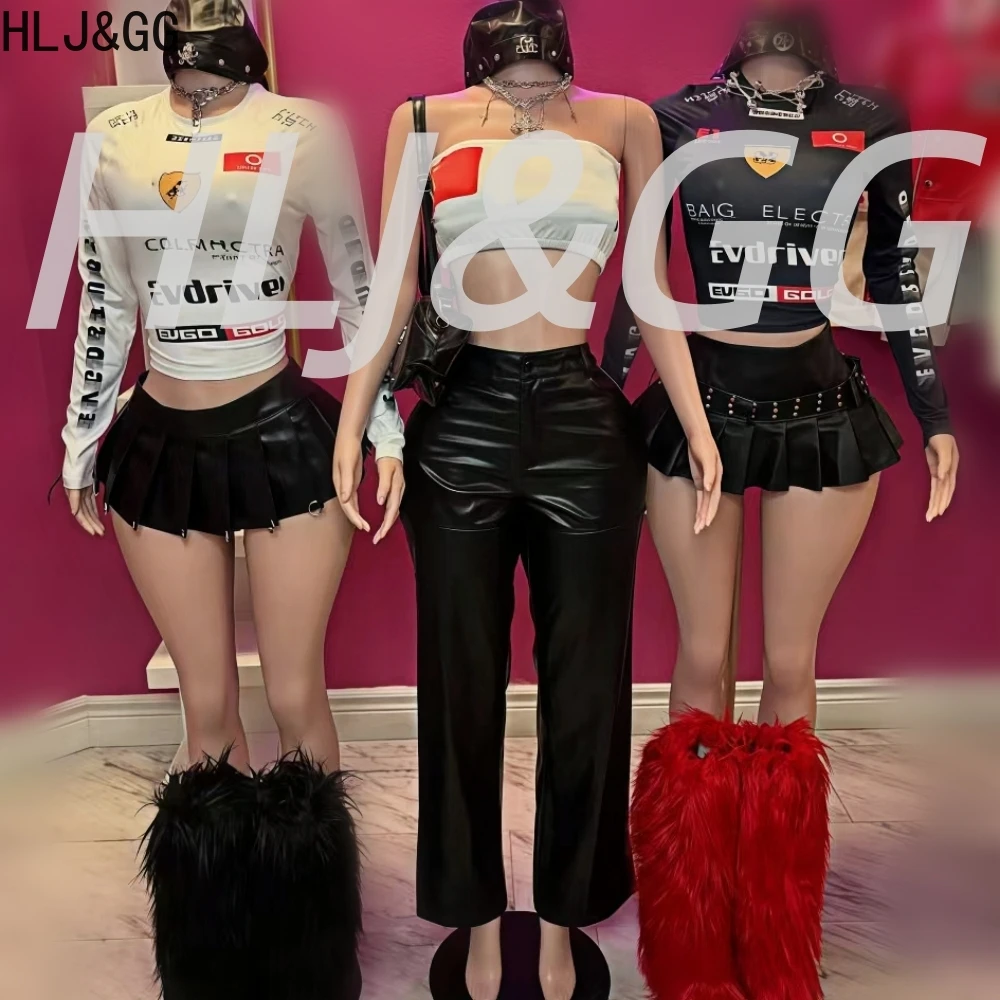 

HLJ&GG Y2K Letter Print Hot Girl Streetwear Women Round Neck Long Sleeve Crop Top And Leather Pleated Mini Skirts Two Piece Sets