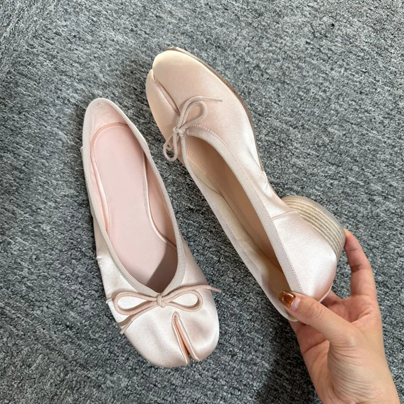 Spring Summer Luxury Satin Bowknot Split toe Women Pumps Ballet Style Fashion Pleated Tabi Low Heeled Casual Loafers Lazy shoes view 2