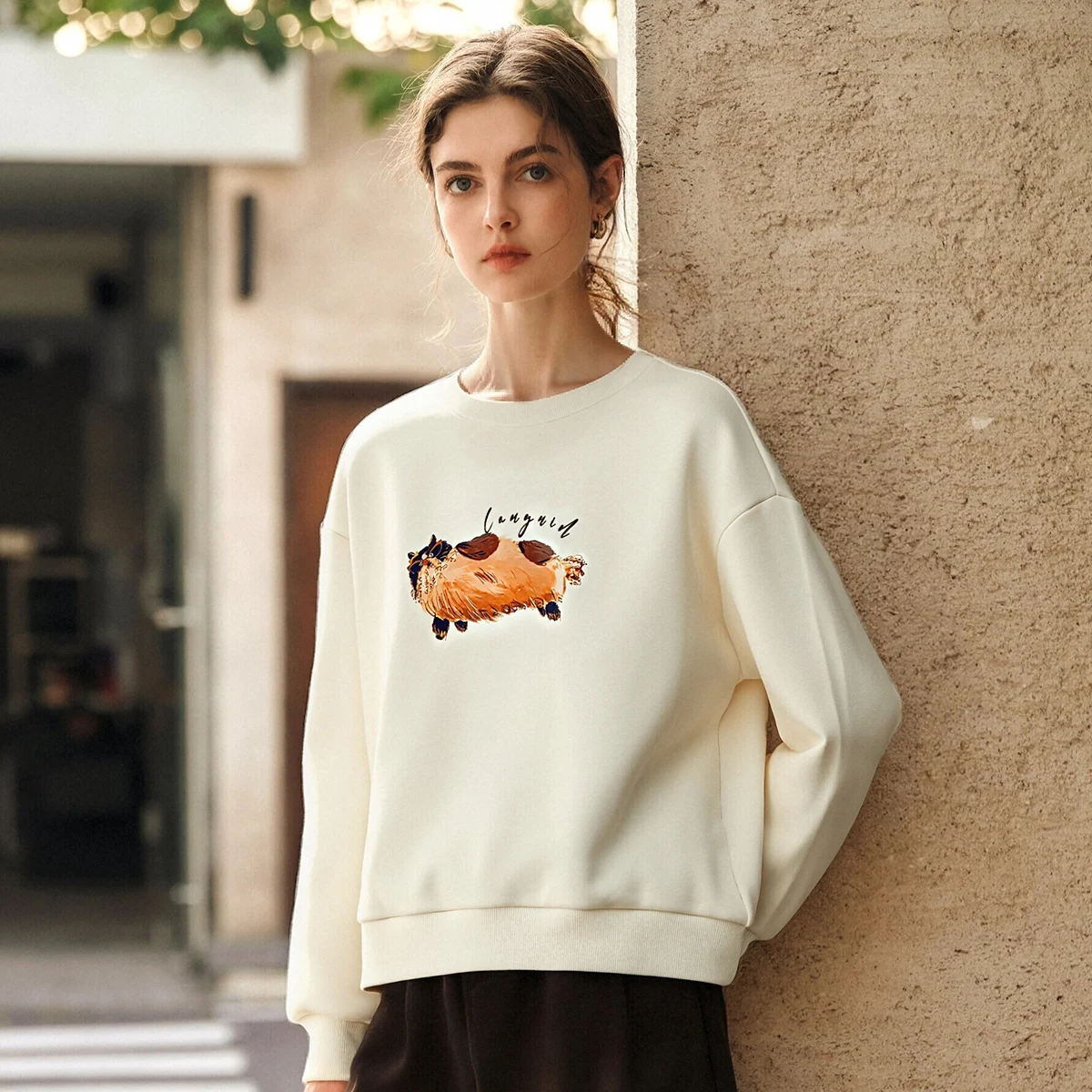 OLrain Women's Crew Neck Sweatshirt Autumn Cat Print 2026 Long Sleeve Top Loose Fit Casual Ladies Knitted Pullover O57QR000996
