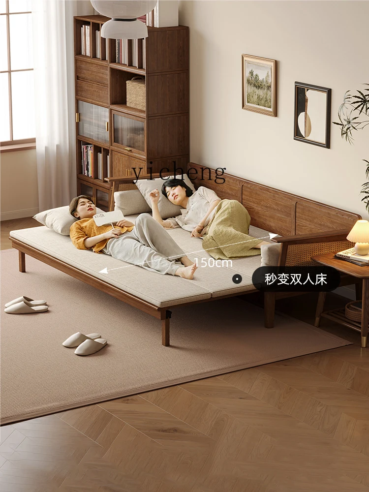 

FY solid wood sofa bed living room home rattan telescopic folding sofa bed