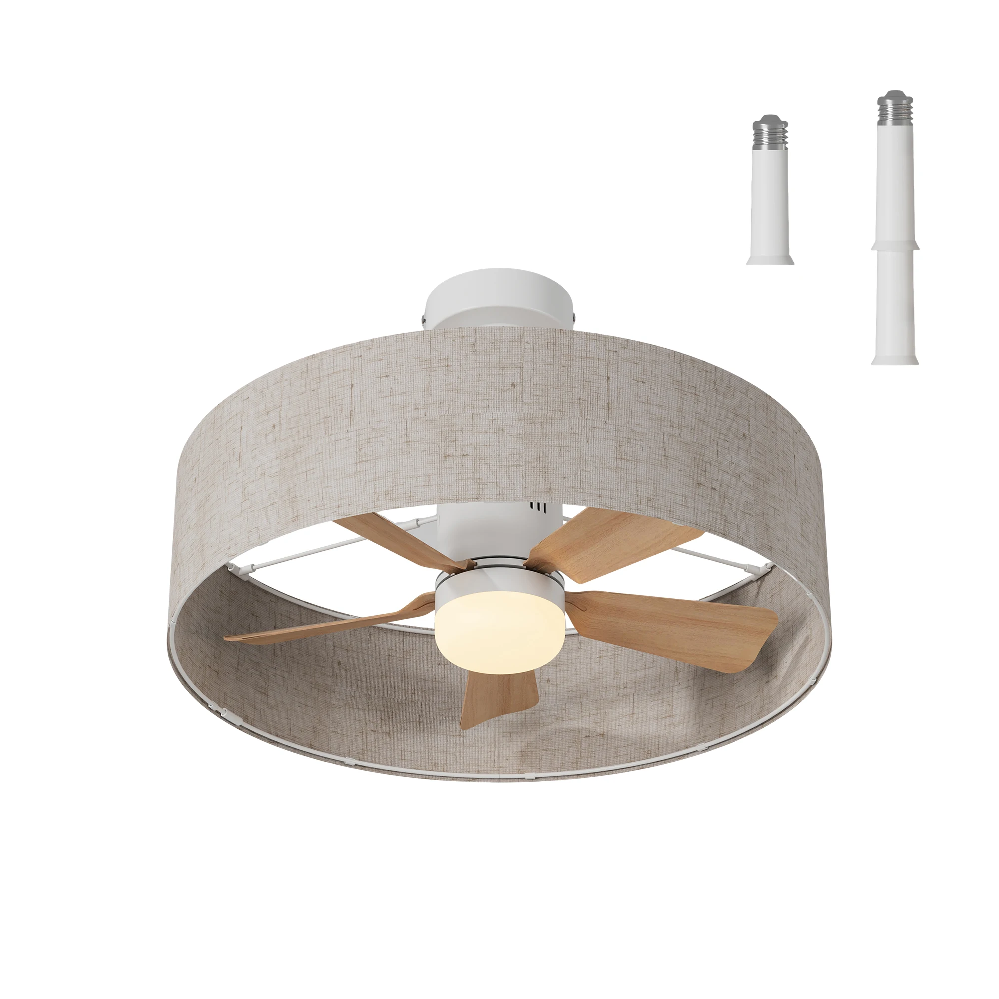 Ventilador de techo de 132 cm con luz LED, control remoto con apariencia de madera, 6 velocidades, silencioso, diseño de aspas reversibles