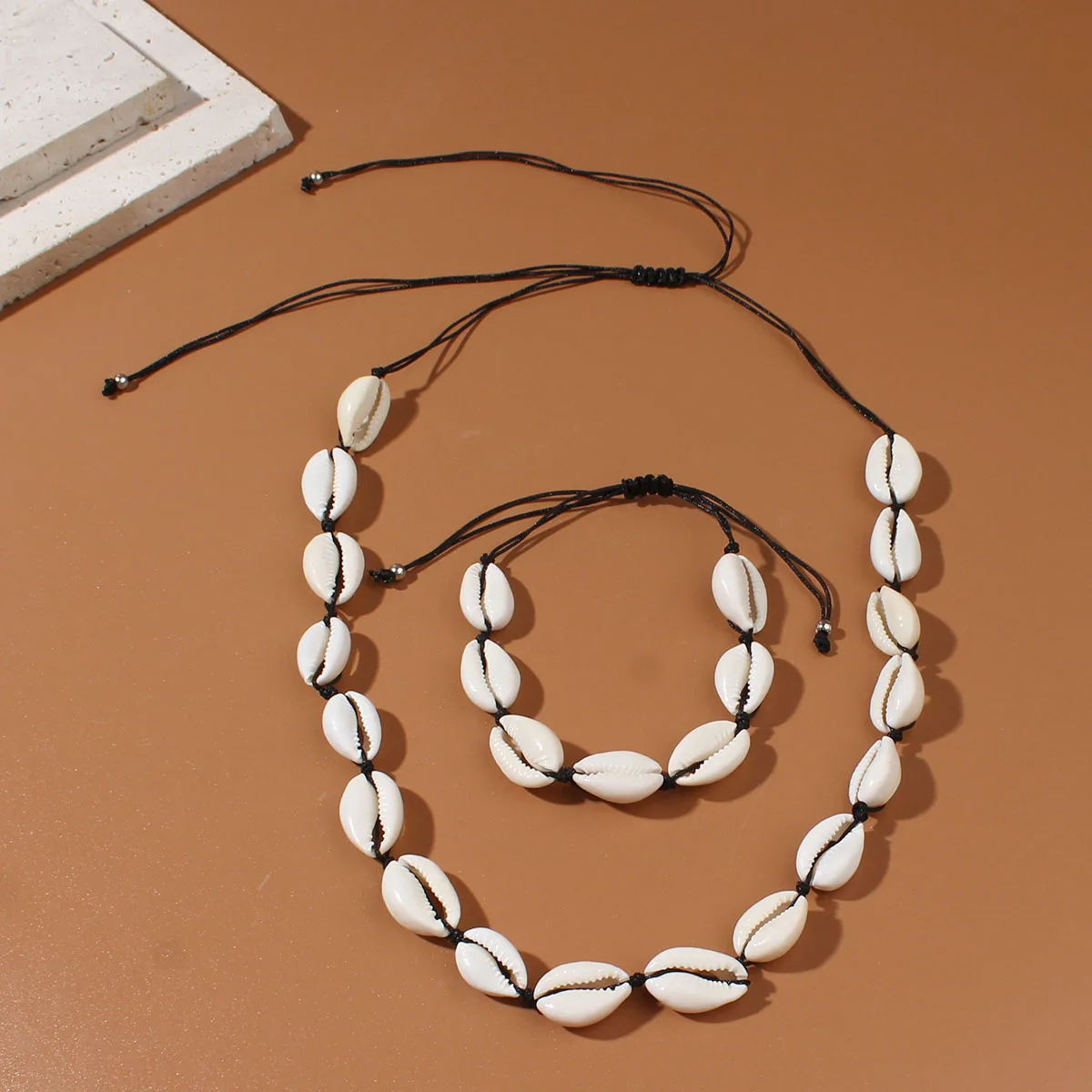 

​​​​​​​Coastal Stackables Set Adjustable Shell Pendant Necklace Handwoven Rope Bracelet Boho Beach Vacation Jewelry Gift