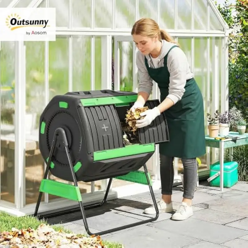 Outdoor Compost Tumbler with Dual 53-Gallon Chambers Octagonal Design Easy 360-Degree Rotation Sliding Doors Elevated Frame Adju