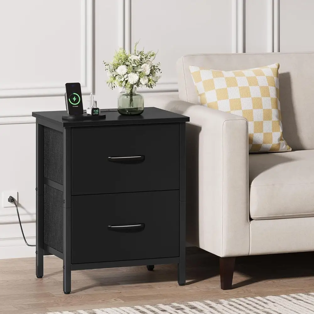 Nightstand Set of 2 with Charging Station, End Table Bedside Table with Power Outlet & USB Ports, Side Table with 2 Fabric Drawe