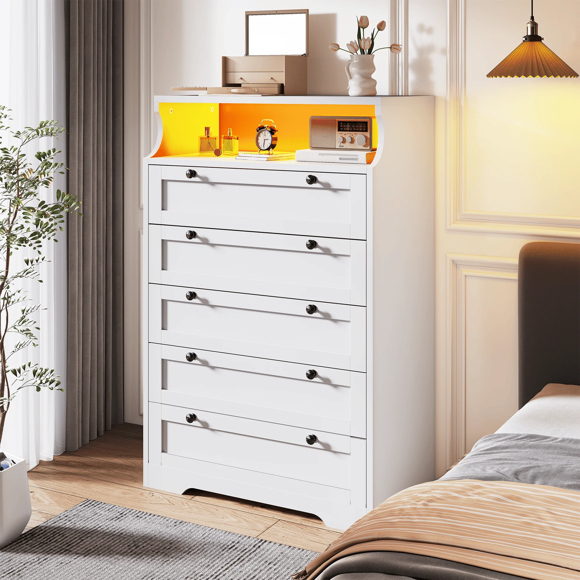 EnHomee Tall 5 Drawer Dresser with LED Lights and 2 Shelves for Bedroom Hallway or Entryway