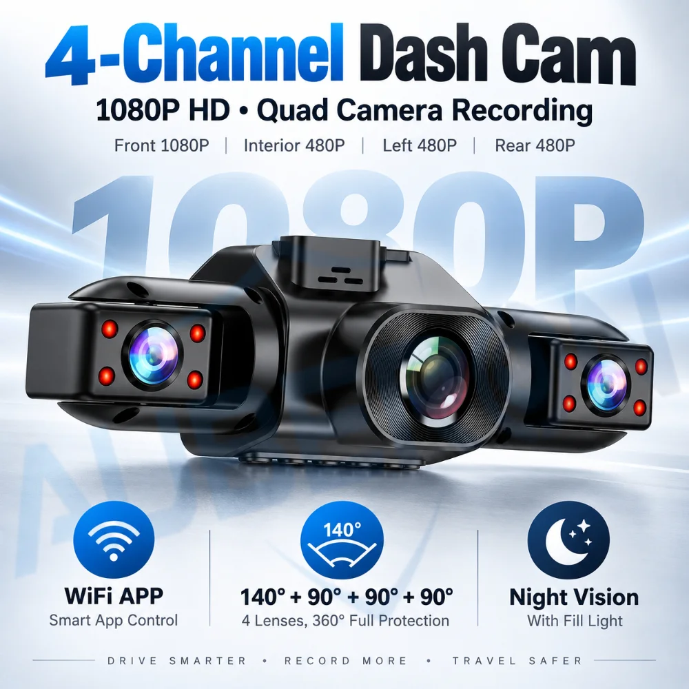 4 Channel Dash Cam WIFI 360° Panoramic Car Video Recorder Night Vision G-Sensor Loop Recording Motion Detection Car Accessories
