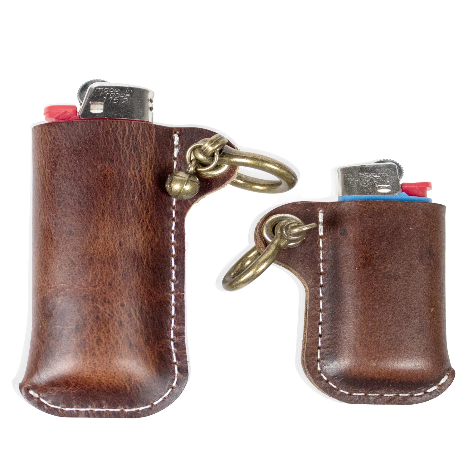 Authentic Light Brown Cowhide Leather Lighter Holder Case with Stylish Metal Horseshoe Shackles - Premium Bic Cricket Lighters S