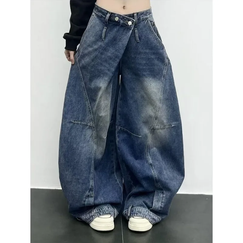 

Washed Jean Casual Harajuku High Street Grunge Denim Trouders Pants Y2K Women Loose Denim Jeans Asymmetric Button Pocket