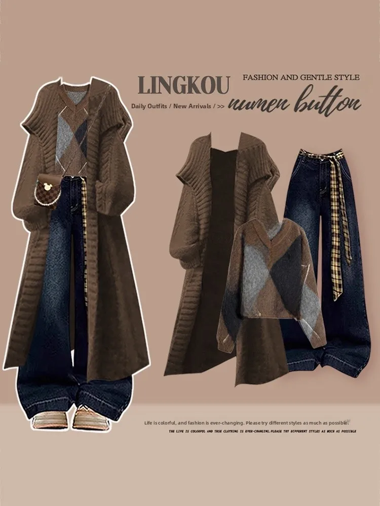 

plus Size Autumn Light Maturity Style Women's Mermaid Knitted Jacket Vintage Sweater Match Slimming Jeans Three Piece Set