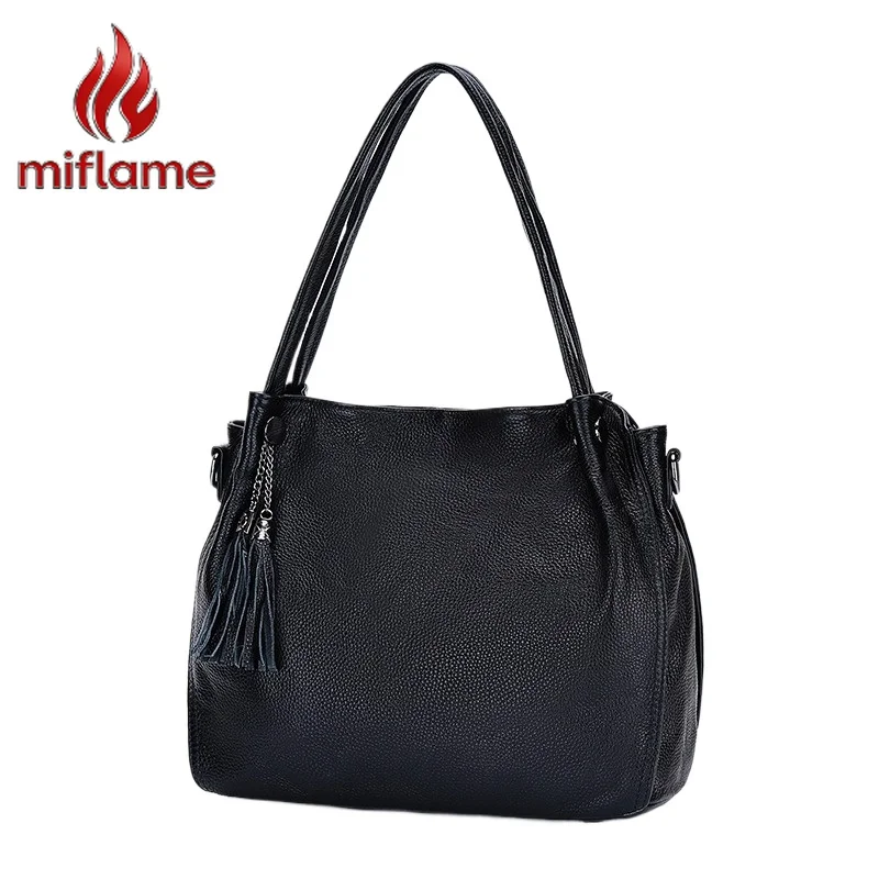 

Trendy Women's Soft Top Grain Leather Handbag Tassel Korean Style Large Capacity Shoulder Crossbody Bag