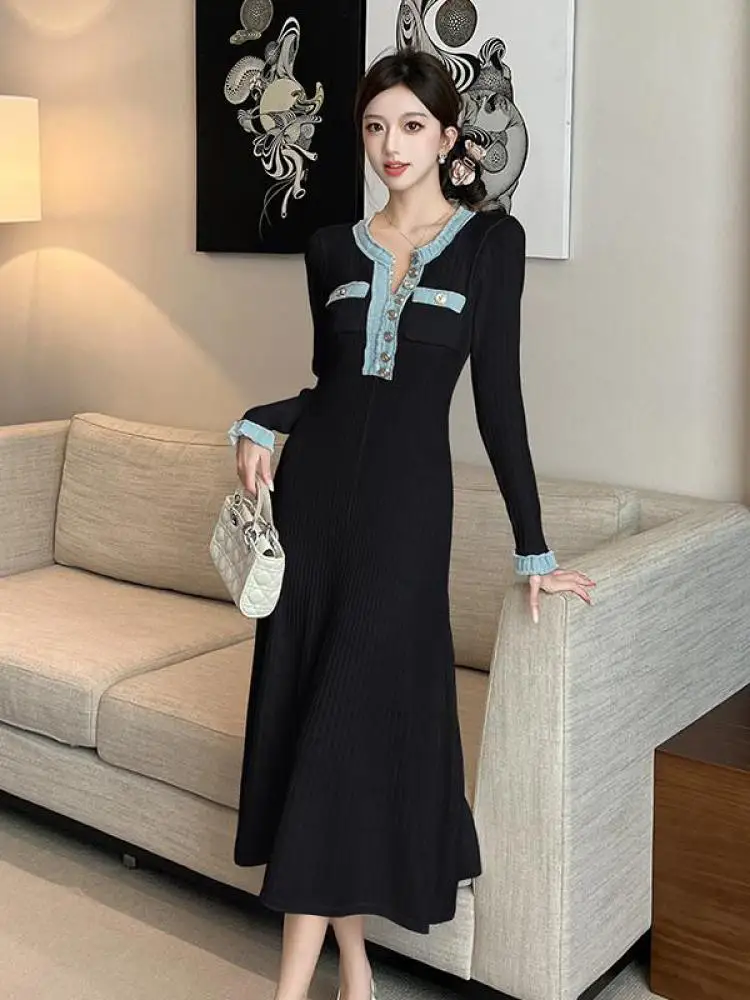Robe coréenne en Patchwork noir et blanc pour femmes, col rond, élégante, Slim, manches longues, simple boutonnage, tricotée, tendance, automne hiver