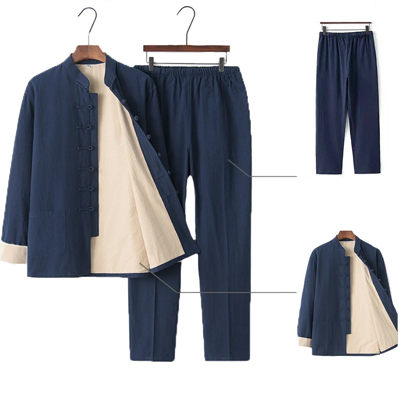 

Chinese Style Kung Fu Zen Tea Uniform Set Cotton Linen Shirts Trousers Tai Chi Tang Suit Men Retro Qipao Tops Hanfu Coat Pants