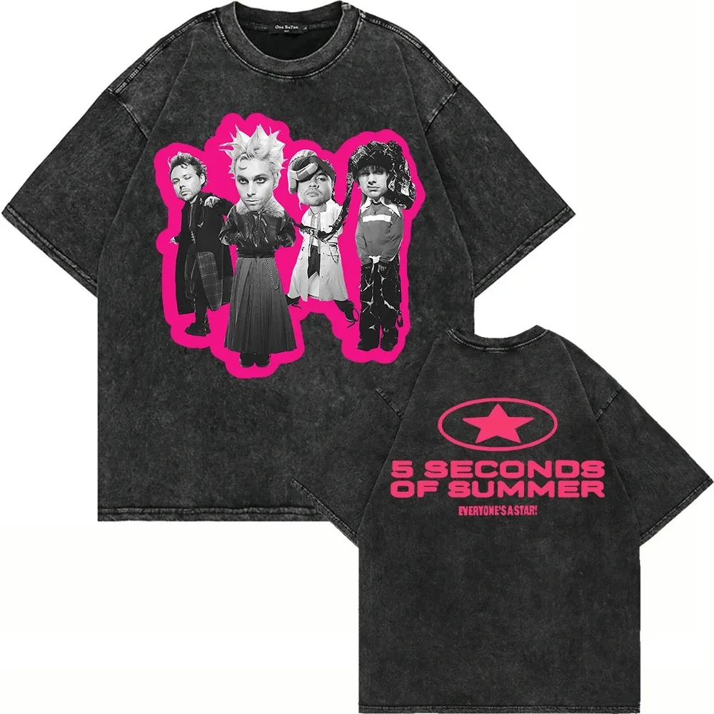 Camiseta Oversize Lavada 5 Seconds of Summer Everyone's A Star World Tour para Hombre y Mujer, Ropa Urbana Holgada con Lavado Ácido
