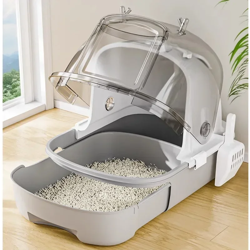 Fully Enclosed Toilet for Cats, Transparent, Visible Cat Box, Lifting Cover Design, Cat Litter Box, Anti Odor Splash Litter Tray