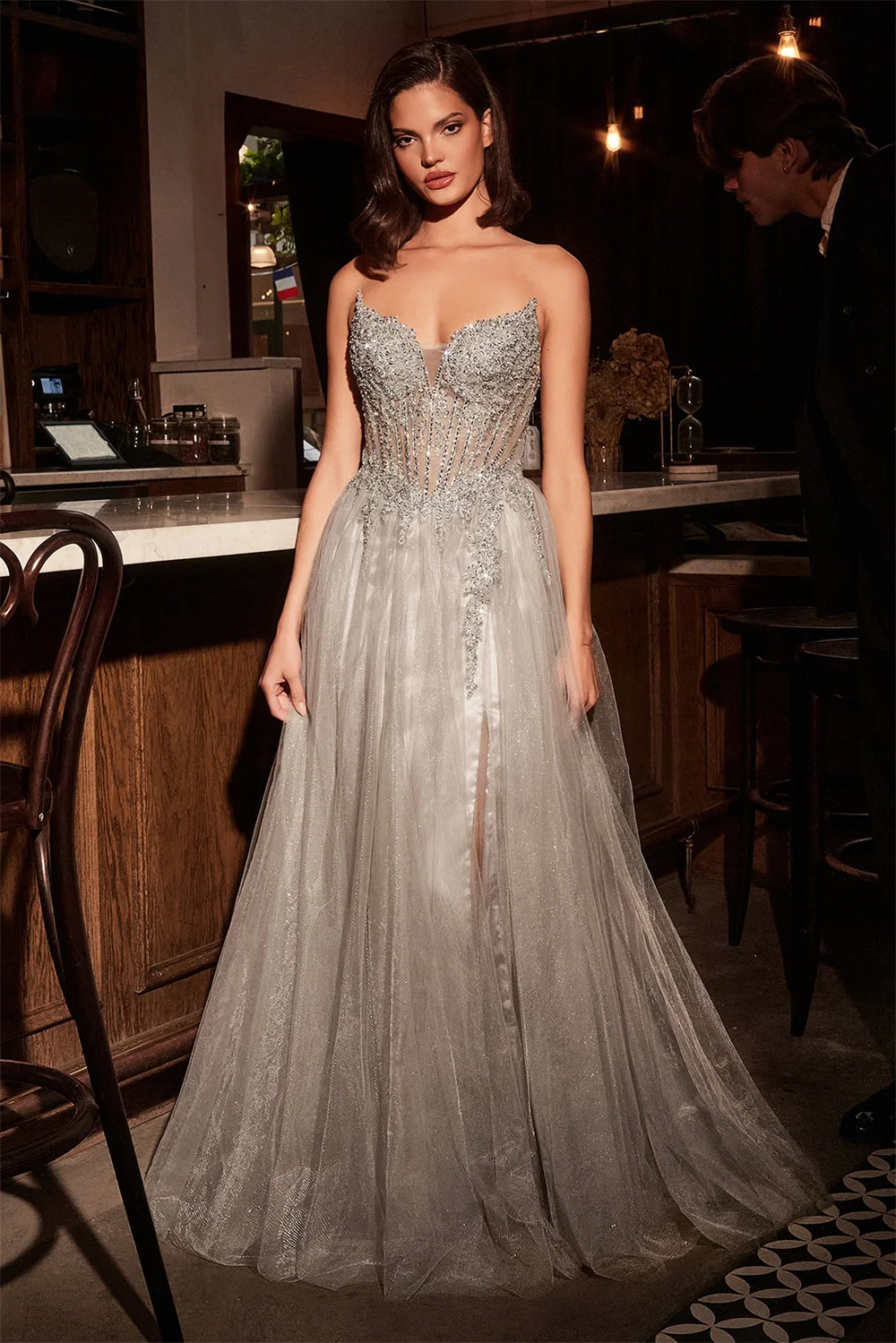 Cathy Strapless Bright Diamond Glitter Prom Dress Low Neck Side Split vestidos de noiva Customized A-line Floor-length Formal image 3