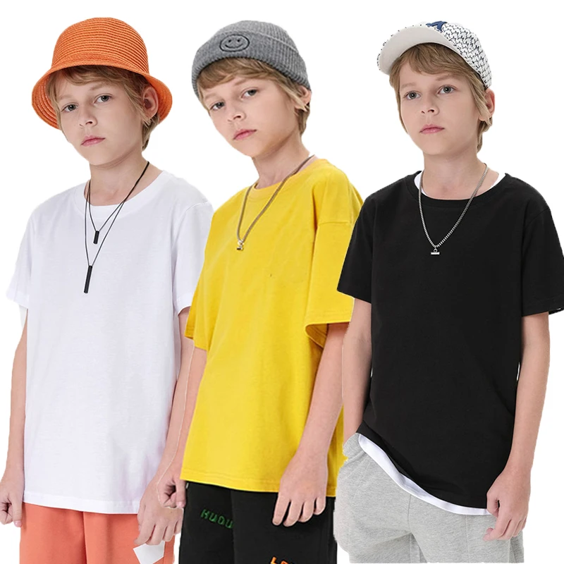 2024 Kids Summer Boy Girl T-shirt Solid Cotton Breathable Teenager Short Children Support Custom Shirt For 2-14T Korean Top