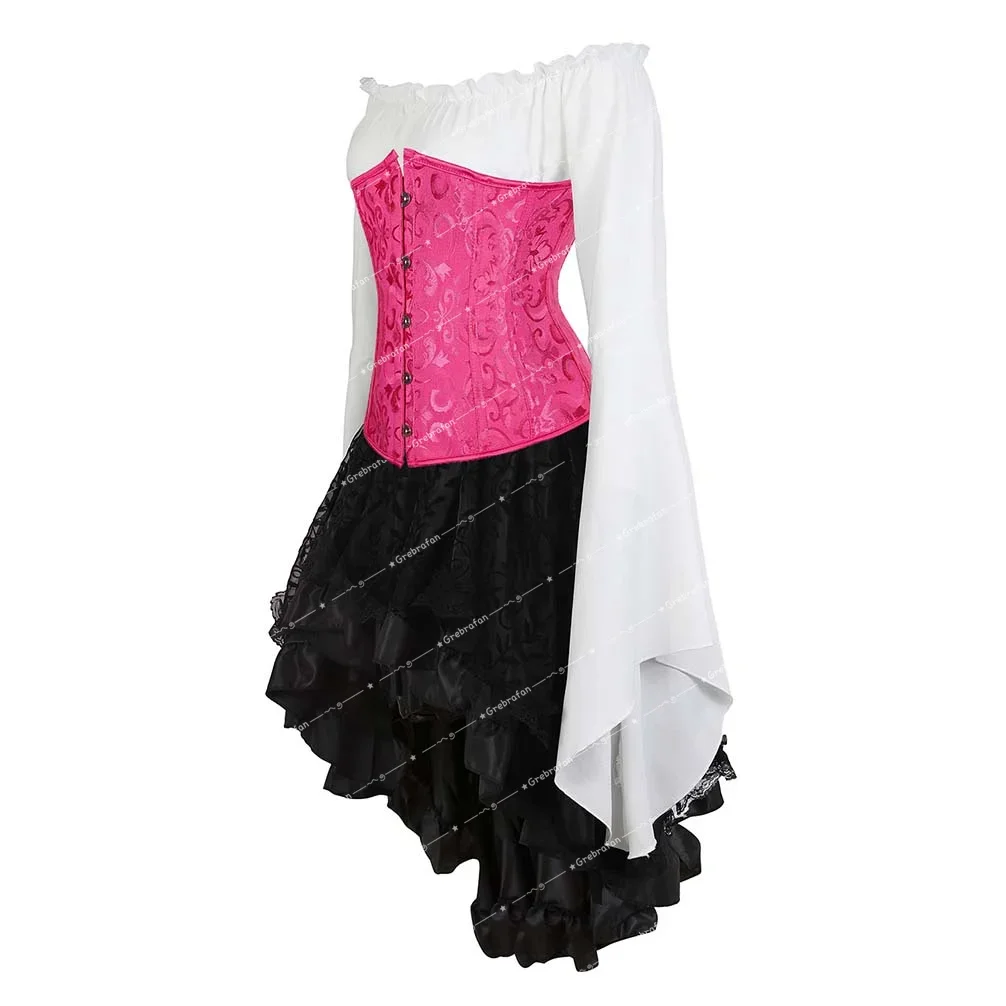 Medieval Corset Skirt Outfit Waist Trainer Jacquard Bustiers Sets Birthday Party Clubwear Renaissance Korsett Burlesque Costumes