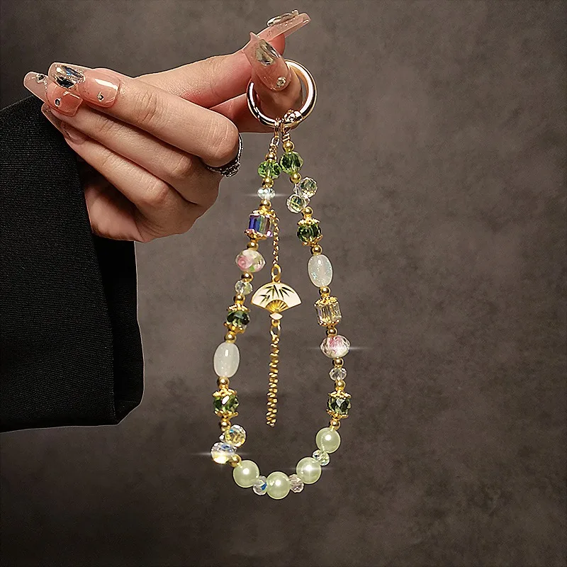 Retro Chinese Fan Tassel Mobile Phone Chain Short Wrist Portable Chain Crystal Beaded Hanging Chain Mobile Phone Case Hanging De