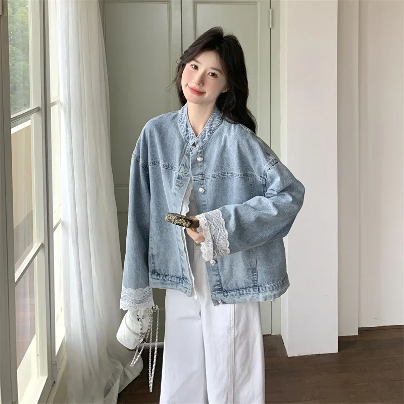 

Women Clothes Autumn Fashion Korean Button Solid Color All-match Lace Patchwork Female Cowboy Long Sleeve Vintage Cardigan Coat