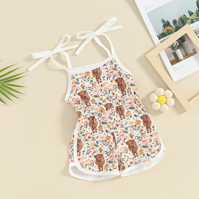 Lioraitiin 2024 03-06 baju terusan bayi perempuan, baju monyet celana pendek barat, motif bunga ternak, tanpa lengan, Jumpsuit Sling-Up