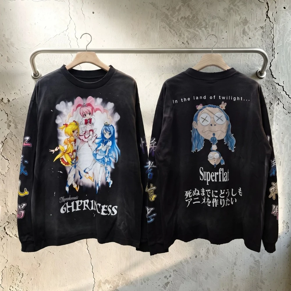 Saint New Vintage Streetwear Hip Hop Magic Girl Tops Takashi Murakami Casual 100% Cotton Autumn Loose Tee Long T-shirt for Men