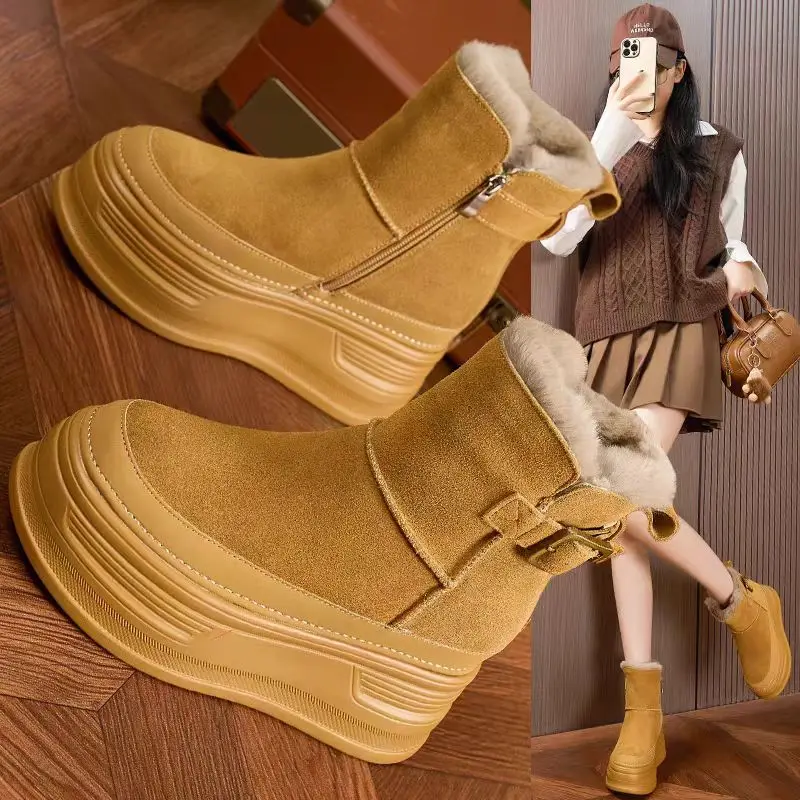 

Утепленные большие хлопковые повседневные универсальные зимние ботинки для женщин на высоком каблуке с внутренней танкеткой 8 см из натуральной замши и кожи