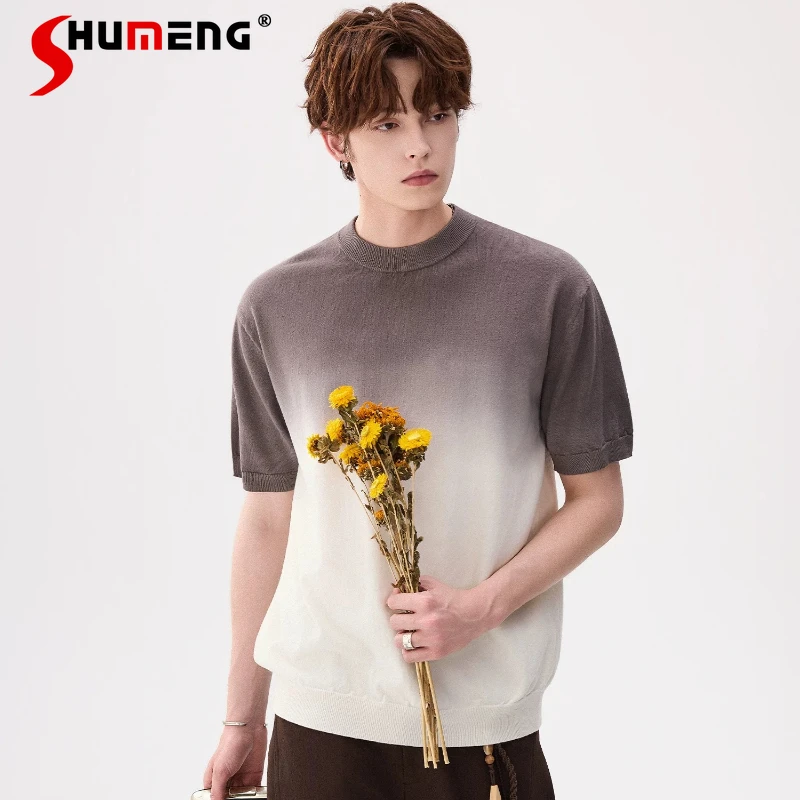 

Fashion Men's 2026 Summer New High-end Gradient Color Tees Chic Short-sleeve Knitted T-shirts Men's Trendy Color Matching Tops