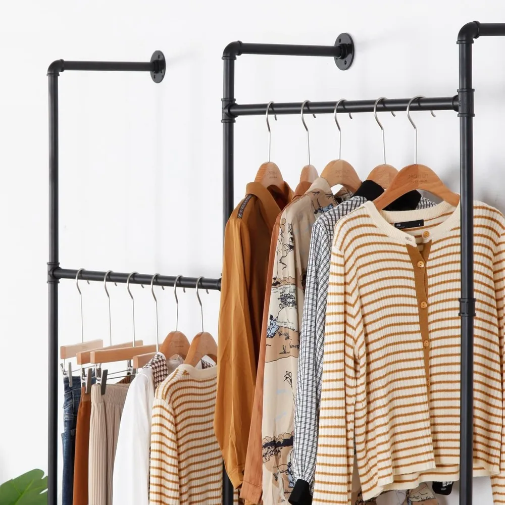 Wall Mounted Industrial Pipe Clothing Rack Wood Garment Rack Hanging Clothes Rack Multi-purpose Heavy Duty Hanging Rod,