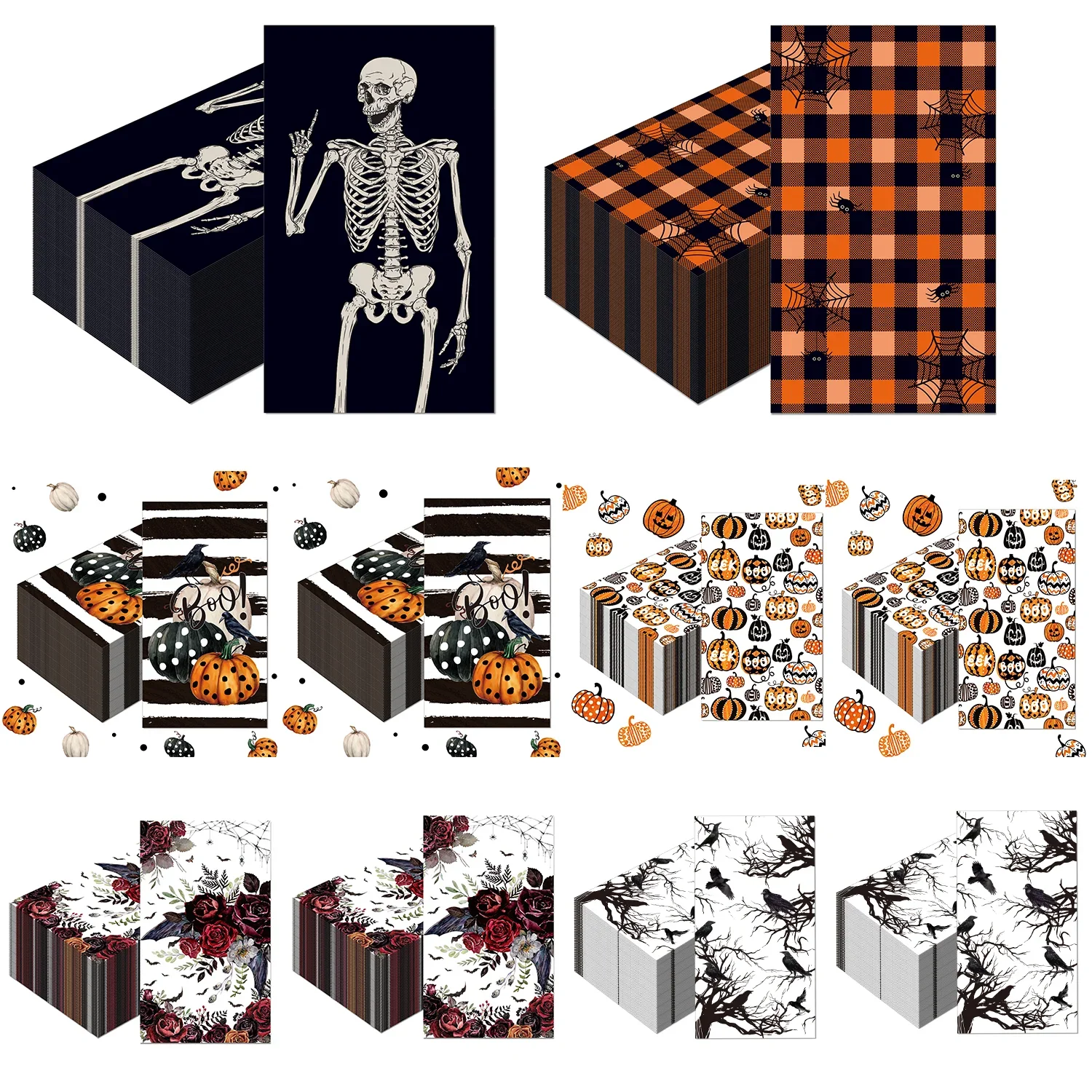 20/40/60pcs Halloween Disposable Paper Napkins, Skeleton Pumpkin Plaid Printed Napkins for Halloween Party Table Decorations
