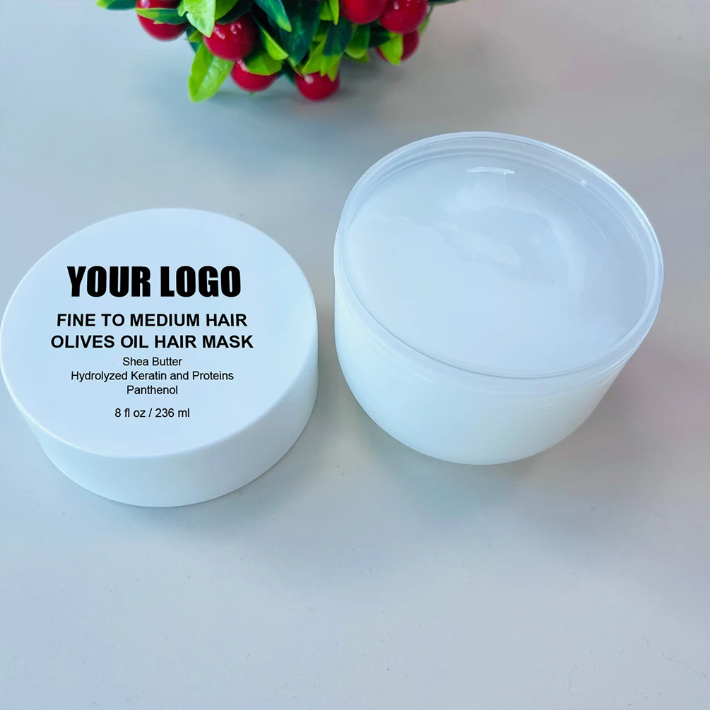 Máscara para el cabello de etiqueta privada, logotipo personalizado, 236ml, crema de aceite de oliva vegano, máscara para el cabello, mejora la reparación del Frizz, maquillaje para el cabello suave, paquete blanco