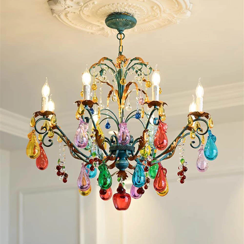 Vintage Murano Multi-color Fruit Chandelier Colorful Crystals Candle Pendant Lamp for Living Room Bedroom Parlor Hotel Lighting