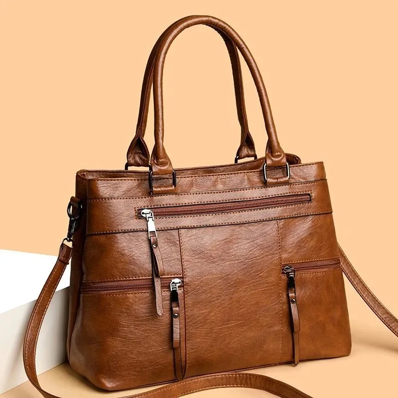 Retro Leather Tote Bag Multi Zipper Pockets Large Handbag Detachable Crossbody Strap Shoulder Satchel Purse Fashion Women Bags