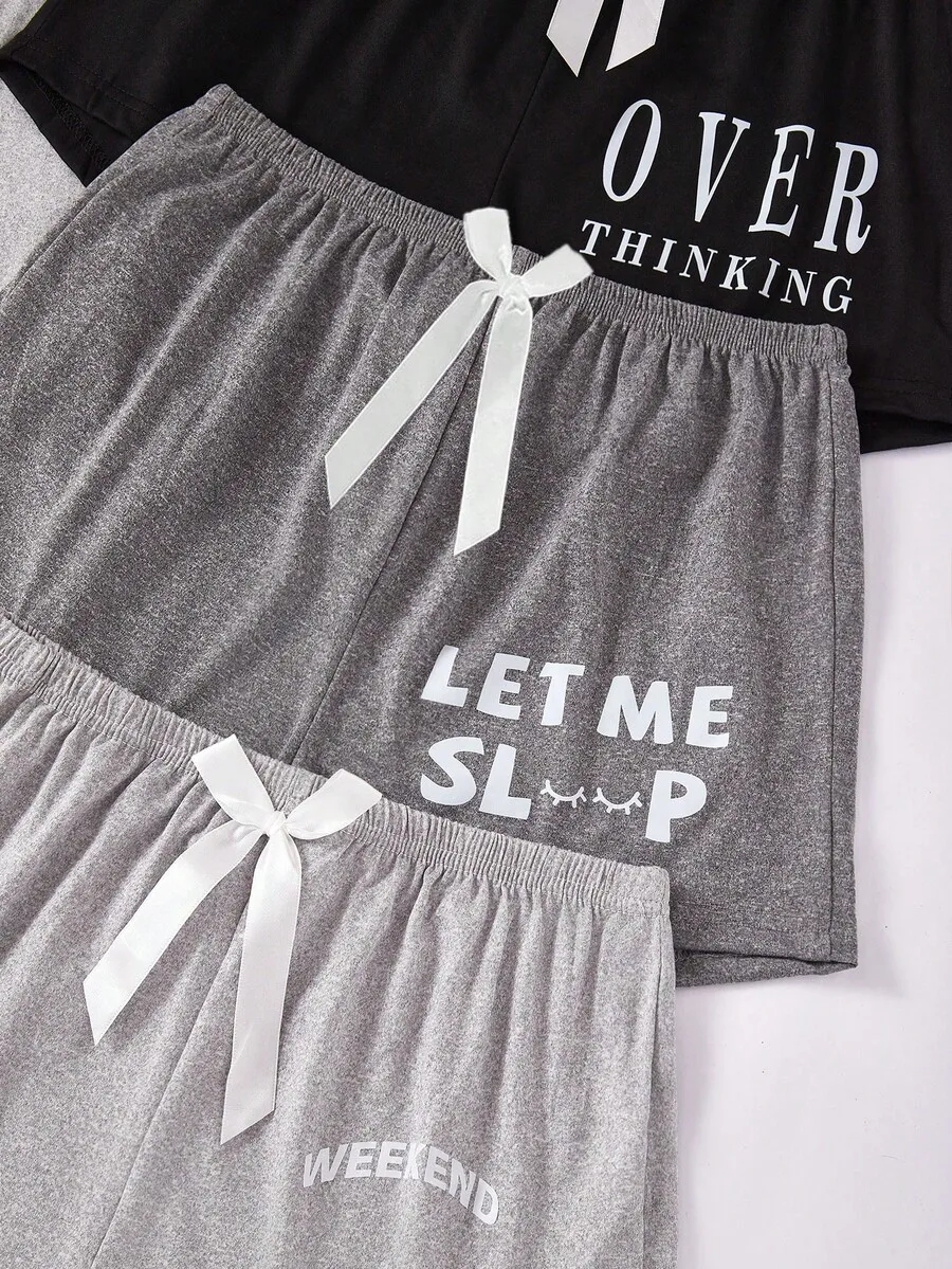 

3pcs Pajama Set Letter Print Short Sleeve Hoodie And Shorts Sleepwear