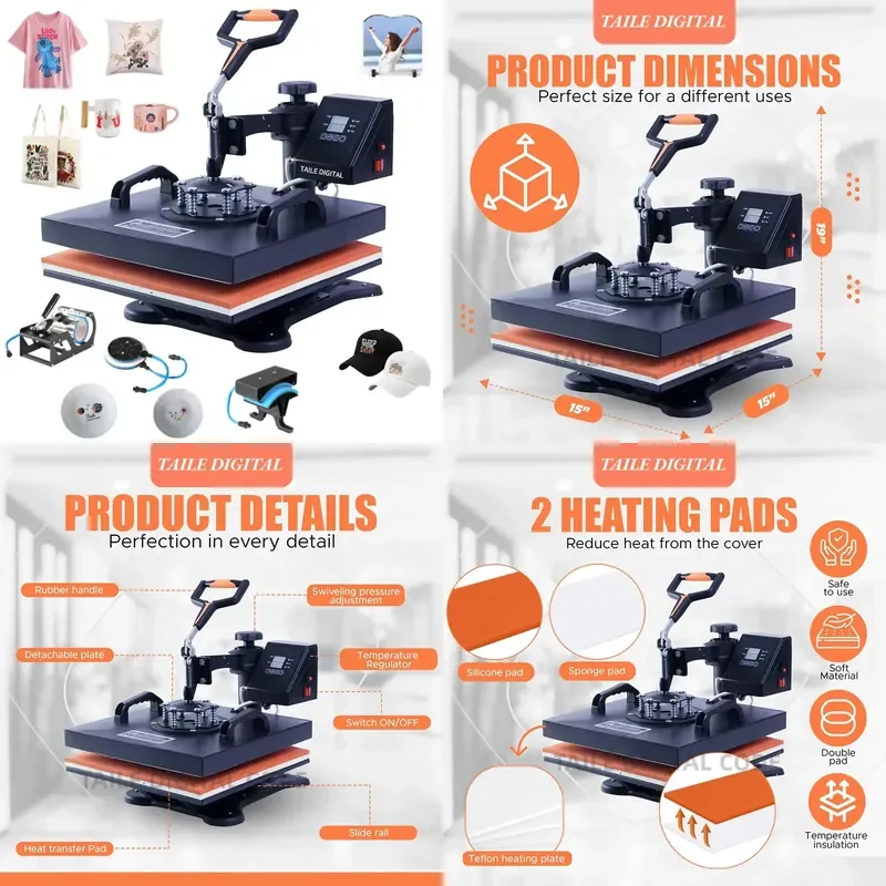STROVAN 38x38cm 5 in 1 Multifunctional Sublimation Machine for T-shirt Mug Hat Plate Transfer15x15Inch Heat Press Machine