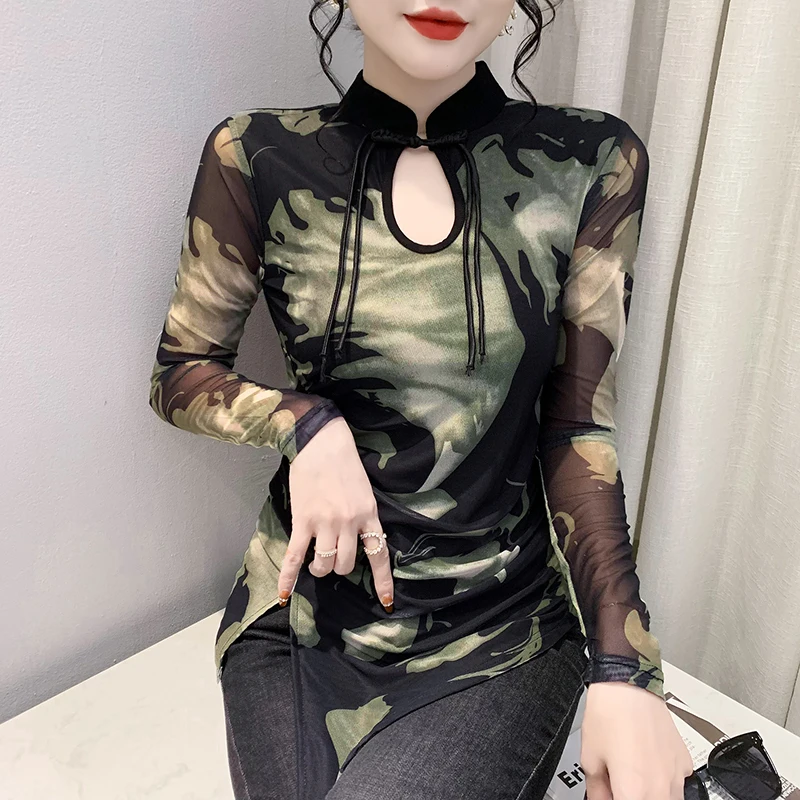 MadBlack European Clothes magliette donna Sexy Stand Collar Print Frog Buckle Slim Mesh Top manica lunga Tee autunno primavera muslimah