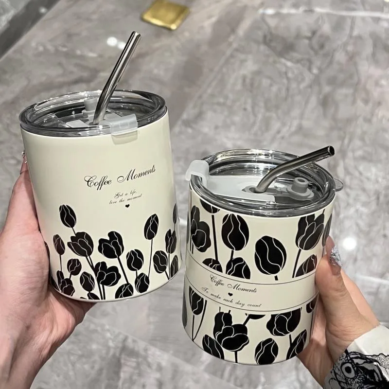 

Stainless Steel Straw Thermos Cup Girl Ins High Appearance Level New Tulip Water Cup Office Worker Niche Design Sense Coffee Cup