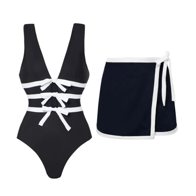 

2025 Swimsuit High-End Design 2Pcs Floral Print Ruffle Slimming Holiday Sexy Deep V Neck One Piece Swimsuit for Women