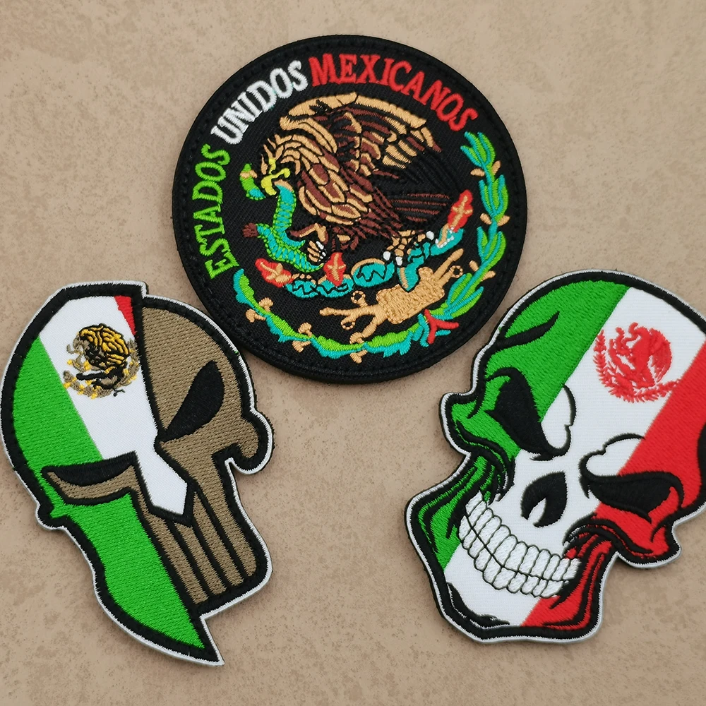 Colorful Embroidery Country Flag Of Mexico CHINGON Animal Eagle Patch Black IR Refletcive Mexico Skull Patch For Miliatry Suits