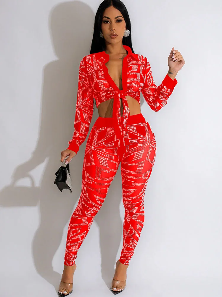 Geometrical Diamond Rhinestone Two Piece Set for Women Co Ord Sets Sparkly Lace-up Crop Top and Leggings Birthday Outfits Club