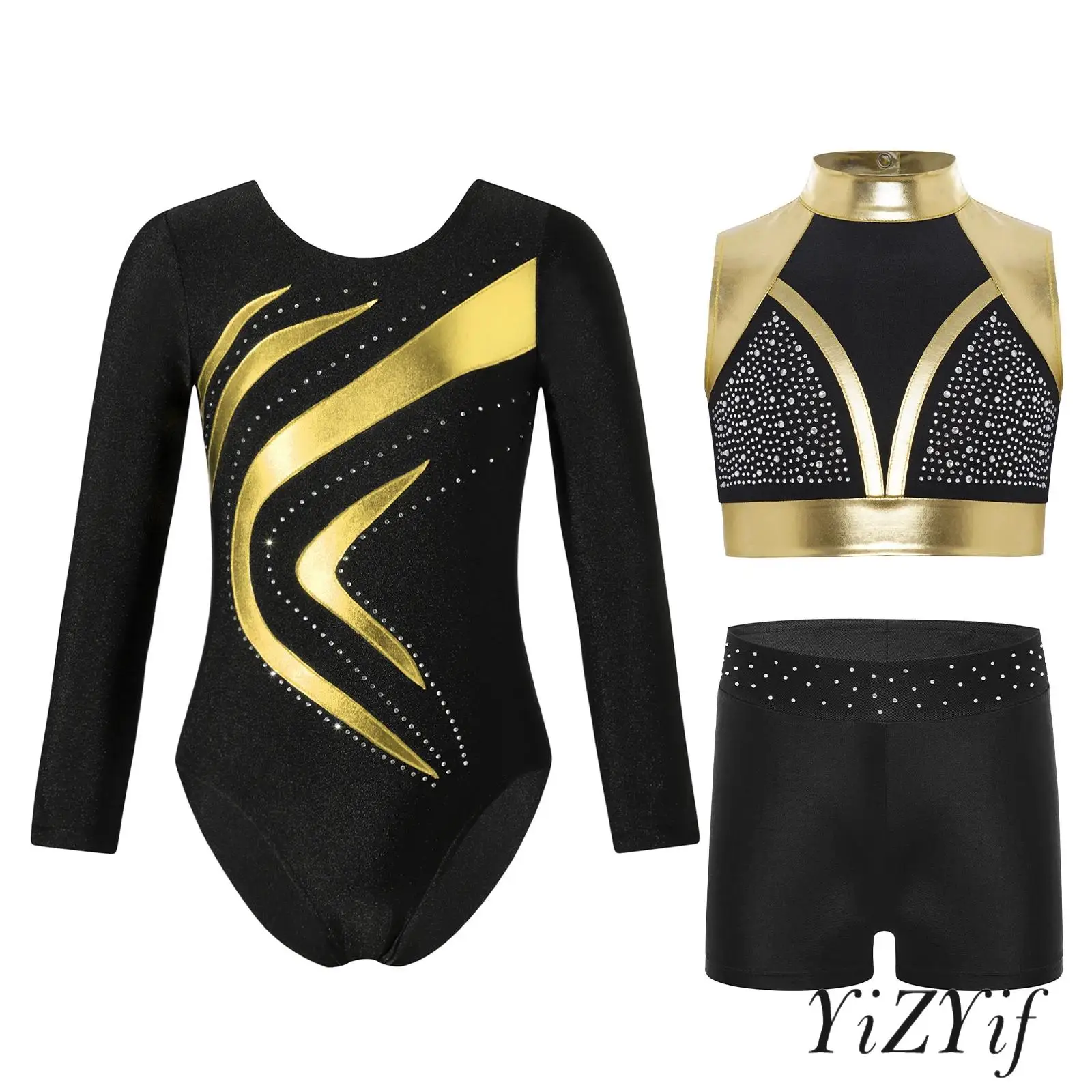 

3Pcs Kids Girl Lyrical Dance Outfit Long Sleeve Metallic Shiny Gymnastic Leotard+shiny Rhinestones Metallic Tank Crop Top+Shorts