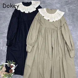 Vintage Mori Girl Cotton Linen Mid Dress Women Spring Autumn Doll Collar Ruffled Long Sleeve Dress Japanese Casual Loose Vestido