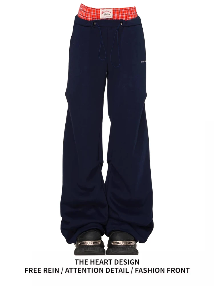 Amerykańskie spodnie retro z podwójnym pasem, damskie, jesienno-zimowe, nowy design, plisowane, elastyczny pas, sportowe spodnie dresowe.