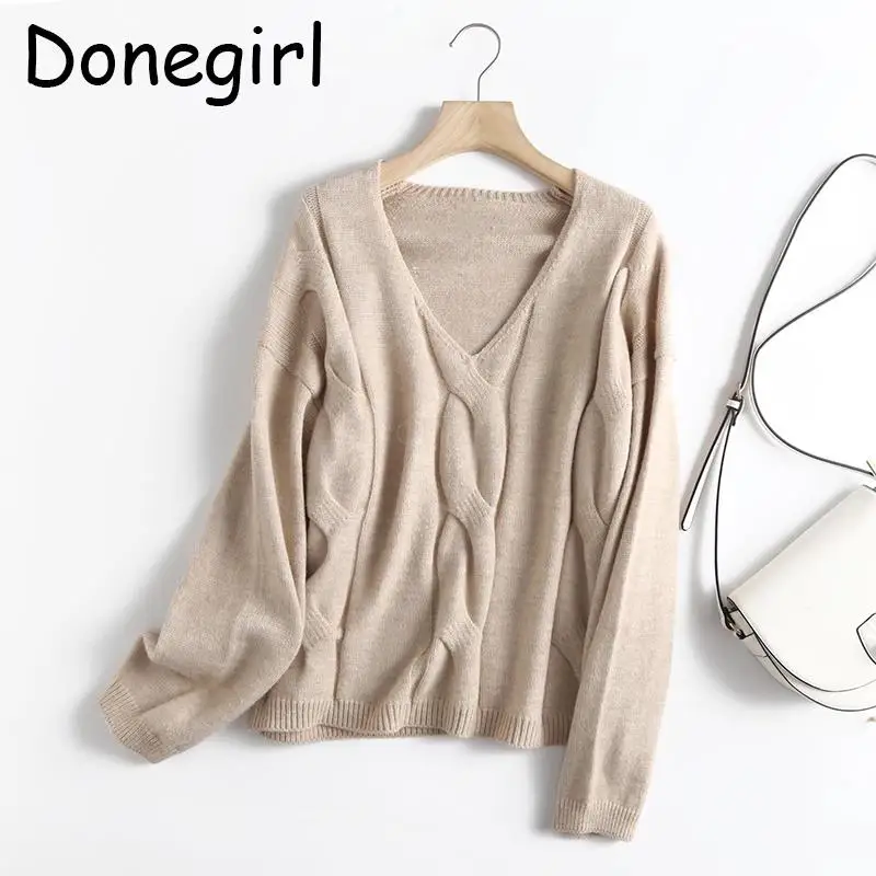 Donegirl 2023 New Women Autumn Winter V-neck Pullover Twisted Flower Knitted Sweater Loose Simple Casual Jumper Female Tops Chic