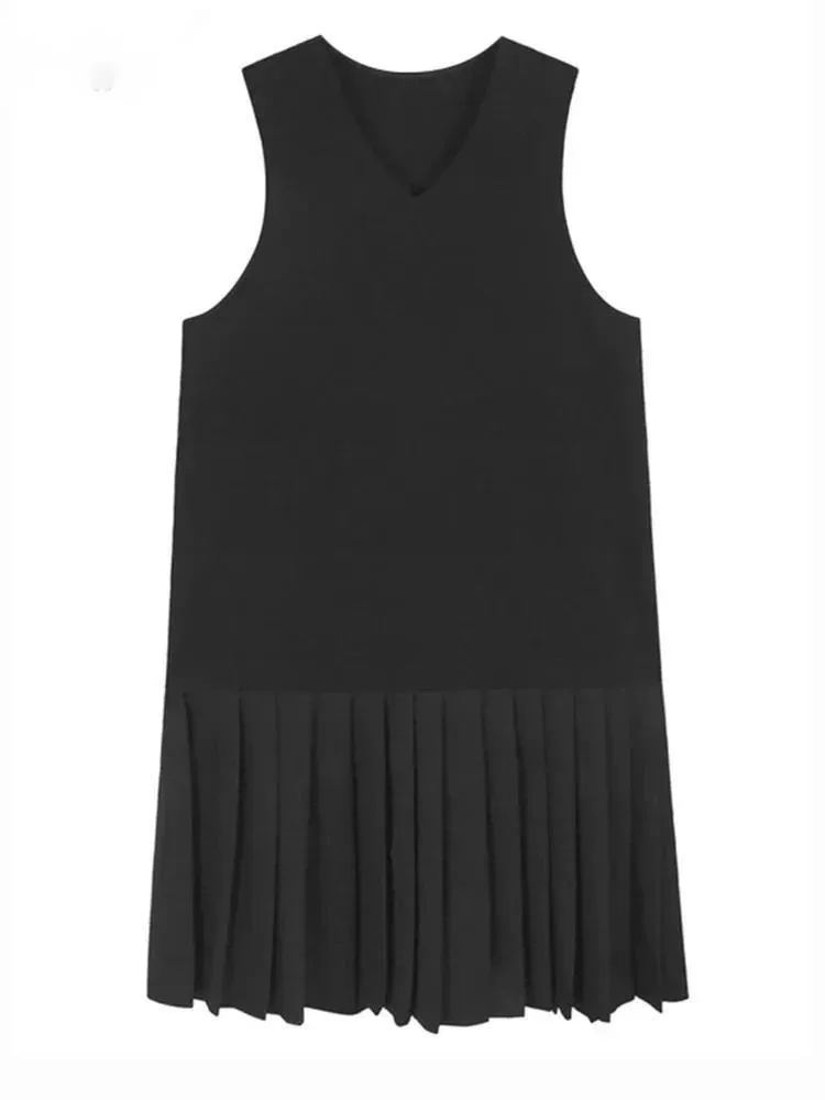 

Женское черное плиссированное короткое платье с подолом, элегантное платье-жилет миди, новое модное платье без рукавов с v-образным вырезом, весна-осень