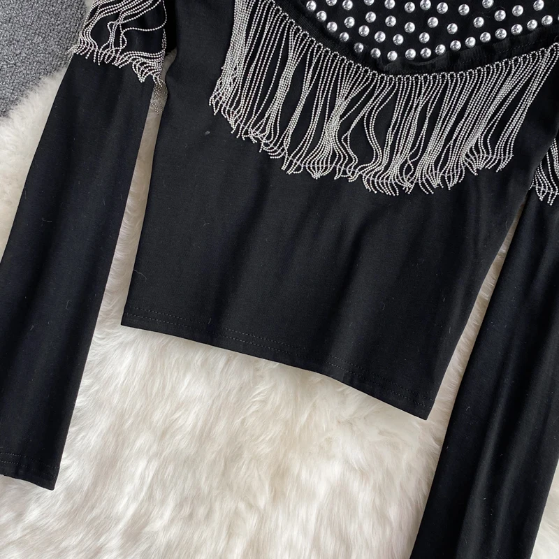 Clothland Vrouwen Sexy Kralen Kwastje Jas Lange Mouw Diamanten Rekbare Slanke Vrouwelijke Zwarte Tops Mujer CB142