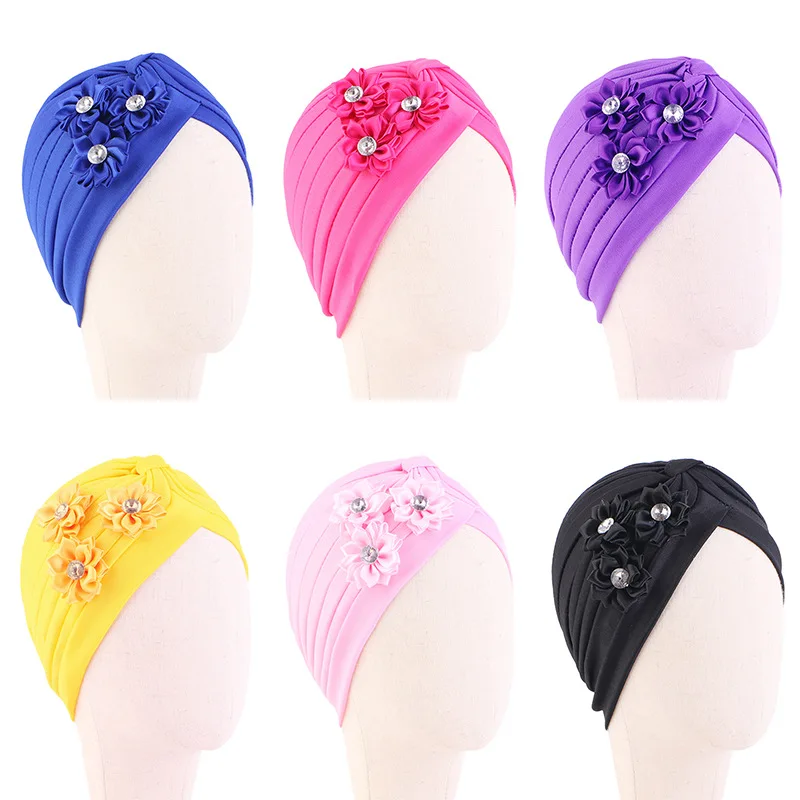 2025 New Kids Girls Rhinestoned Flower Turban Bonnet Muslim Hijab Headscarf Caps Pleate Ruffle Turban Chemo Cap Beanie for 1-4Y