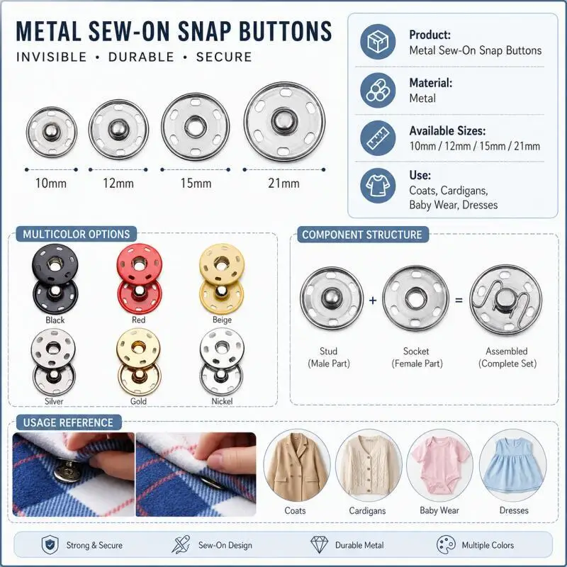 10/20/30 Sets 10mm, 12mm, 15mm, 21mm Metall-Druckknöpfe, Bekleidungszubehör, Einnähknöpfe – Detail 2