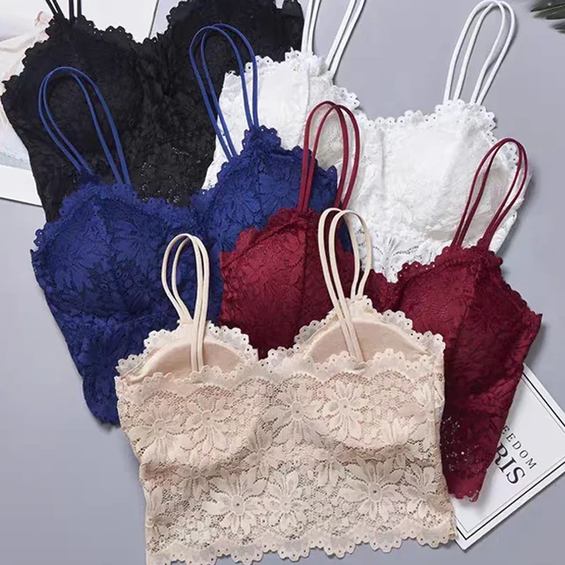 Women\'s Lace Bra Sexy Hollow Out Flower Underwear Bralette Wireless Push Up Breathable Strap Padded Vest Lingerie