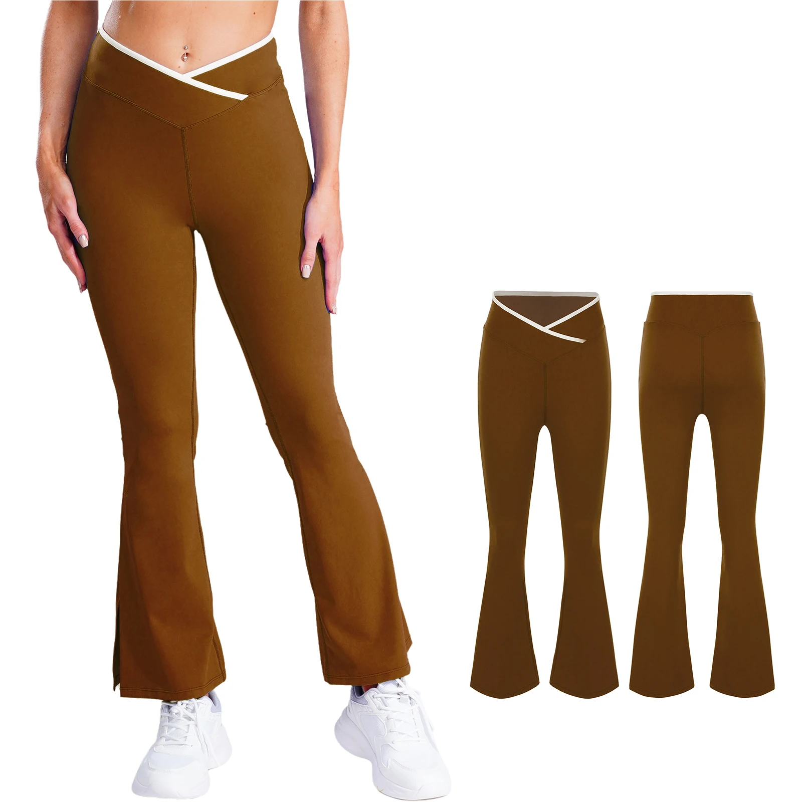 Women Stretchy Yoga Workout Flared Pants V-Front Elastic Waistband Sides Split Bell-Bottom Leggings for Workout Fitness Sports